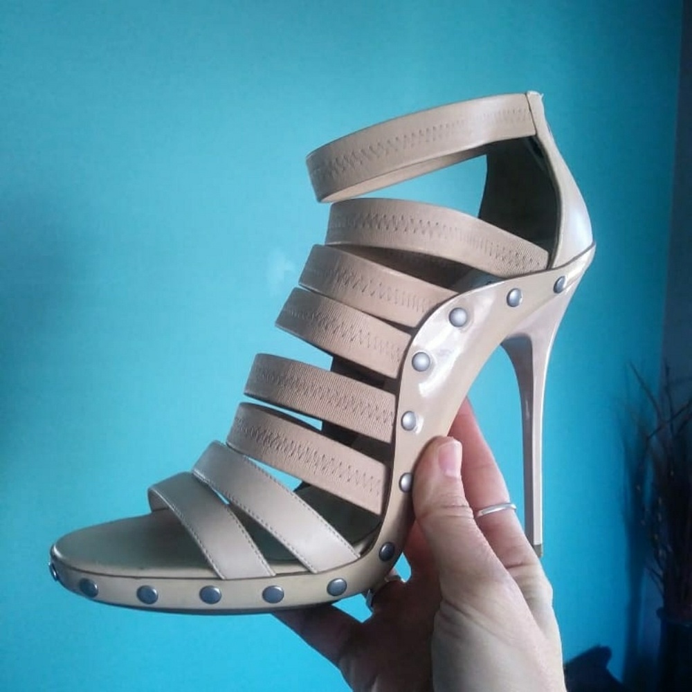 Jimmy choo tan nude multi strappy gladiator heels